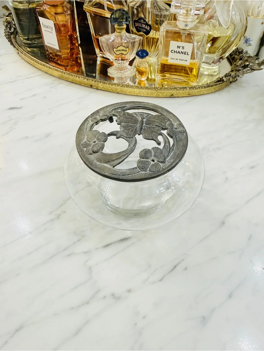 Vintage Clear Glass Trinket / Potpourri Jar w/ Ornate Bronze Butterfly Lid
